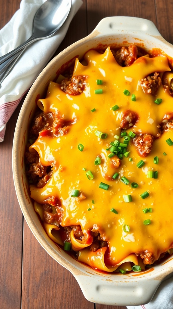 Homestyle ground beef casserole with melted cheese, ground beef, tomato sauce, and egg noodles garnished with green onions on a rustic table.